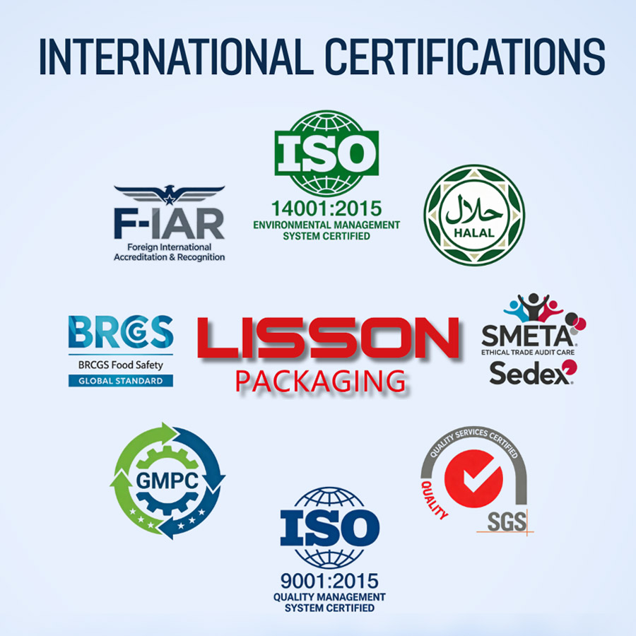 International Certifications Badges - ISO, GMPC, BRCGS, SMETA, HALAL, SGS